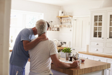 Male couple kiss in their kitchen in the morning, back view