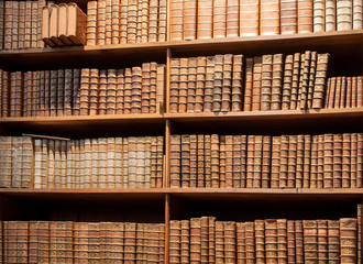 Vintage bookshelf with old books in the library of Vienna