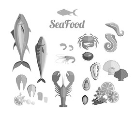 Obraz premium Seafood Set Design Flat Fish and Crab
