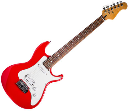 Red electric guitar on white background