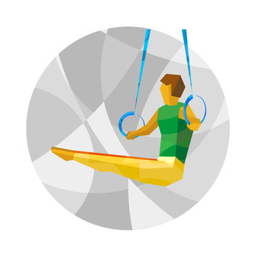 Gymnast on rings with abstract patterns. Flat athlete vector icon. Sport Infographic - Artistic Gymnastics on Rings vector clip art.