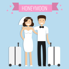 Honeymoon concept. Wedding couple travel abroad with suitcase. Vector illustration in flat style.