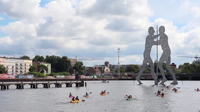 group of kayak boats, canoes on river spree, Berlin