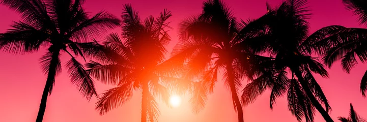 Fototapete Meer / Sonnenuntergang Goldener Himmel mit tropischem Sonnenuntergang der Palmen