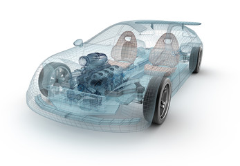 Transparent car design, wire model.3D illustration. My own car design. © Alex Mit