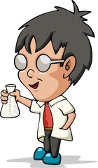 Boy doing chemical experiment. Young scientist. Kid holding test flask in hands.