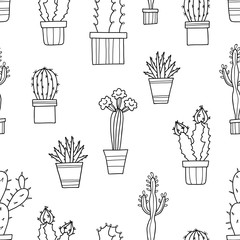 Vector seamless pattern of lovely green cacti and plants in pots