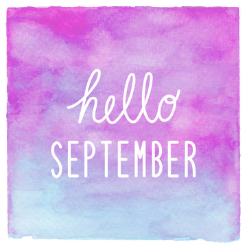 Hello September text on blue and purple watercolor background