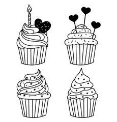 Vector monochrome background. Hand drawn cakes templates. Template for greeting card, postcard or adult coloring book. Sweet cupcake with birthday candle design backdrop. Cute food illustration