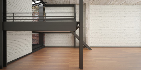 3d interior rendering industrial Mezzanine space and wood floor and Loft design - obrazy, fototapety, plakaty
