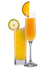 Set of orange cocktails with decoration from fruits and colorful straw isolated on white background.