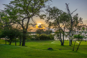 Fototapeta premium Beautiful Sunset over the Zambezi River, Zambia, The Zambezi is the fourth longest river in Africa