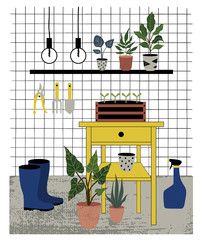 Poster of cute plants in pots, garden items, hand drawing poster in scandinavian style.  - 118480488