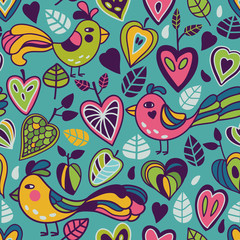 Seamless pattern in vector made of birds and leaves