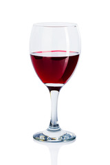 A glass of red wine on a white background.