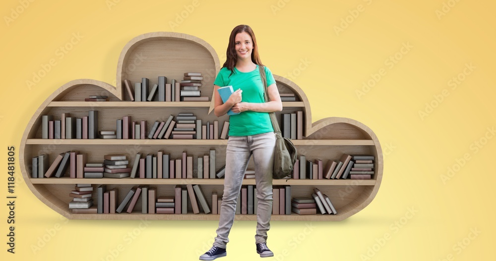Poster composite image of student smiling at camera in library