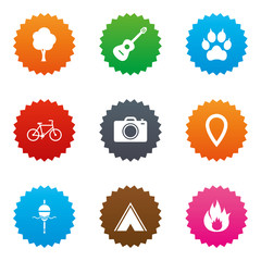 Tourism, camping icons. Fishing, fire and bike.