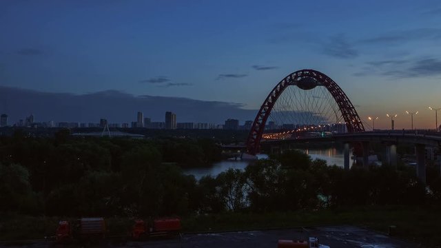 The Picturesque Bridge in Serebryany Bor. Moscow, Jivopisny most. From day to night. Timelapse.