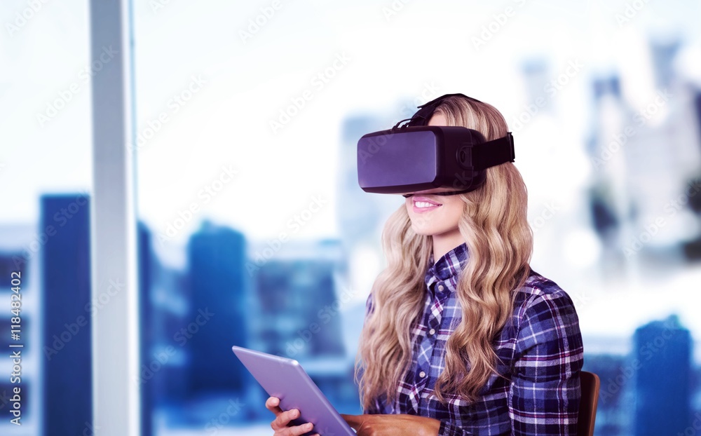 Poster composite image of pretty casual worker using oculus rift