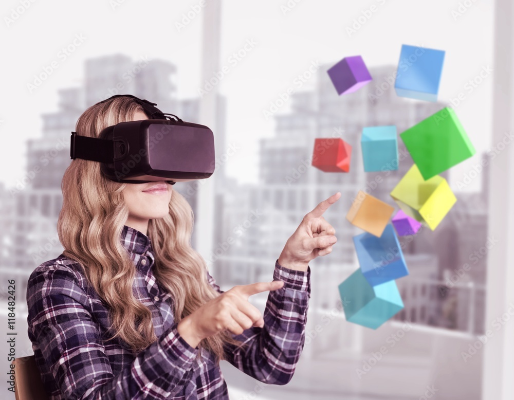 Poster composite image of pretty casual worker using oculus rift