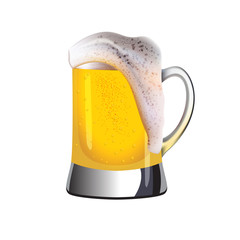 Realistic mug of cold golden beer topped with foam with water drops and air bubbles isolated on white background.