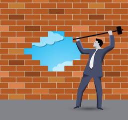 Breaking the wall business concept. Confident businessman in business suit with sledgehammer in grey regulated world trying to break the wall of rules and to find new shining opportunities