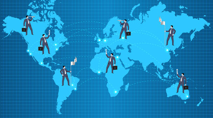 Global business relations concept. Confident businessmen standing over all continent and over all major world cities, connected together. Concept of teamwork, global business and relationships.