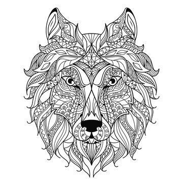 Wolf head zentangle stylized, coloring page.