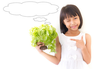 Children girl is expressions of healthy food on white background