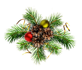 Fototapeta na wymiar Christmas decoration with pine twigs, cones and balls