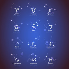 Vector horoscope set. Zodiac sights with sparkling stars, calendar for twelve month one year  - 118485070