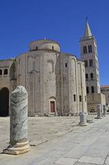 St Donatus Church, the largest pre-Romanesque building in Croatia, 9th-10th centuries. Roman Forum can be seen in the foreground, and the spire of St Anastasia's Cathedral in the background.