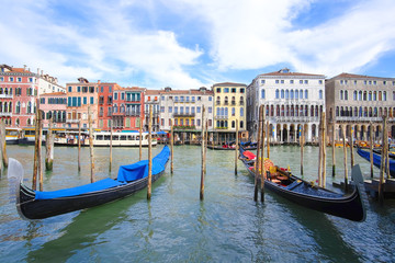 Fototapeta na wymiar Venice, Italy, June, 21, 2016: gondola sails down the channel in Venice, Italy. Gondola is a traditional transport in Venice, Italy