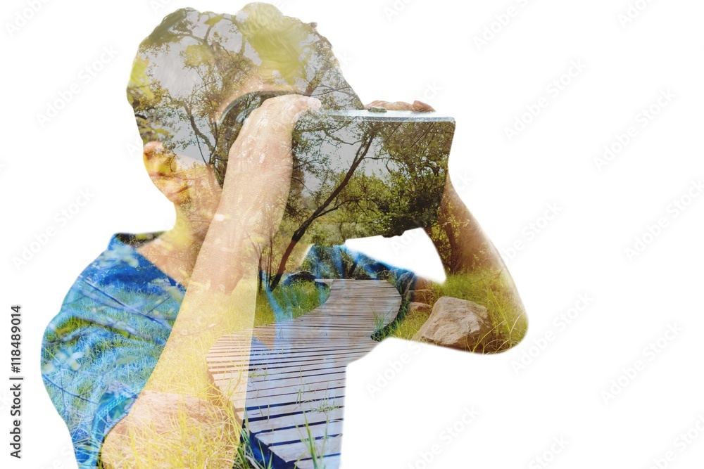 Poster composite image of boy using virtual reality headset