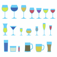 Glassware icon set. Colorful stemware for a different drinks. Beer glass, Wine glass and Cups isolated on white background icons collection. Vector illustration.