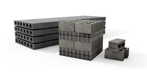 3d illustrator of pallets of concrete blocks and plates on a whi