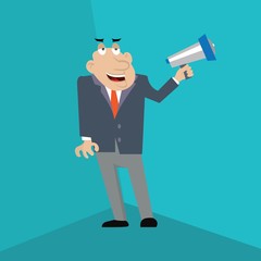 businessman shouting into a Megaphone. vector illustration of cartoon.