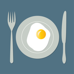 Plate with fried egg. Fork and knife. Breakfast vector illustration.