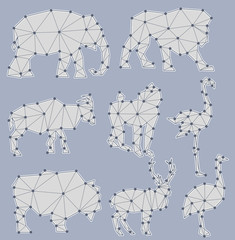 vector set of origami animal silhouettes (elephant, lion, goat,