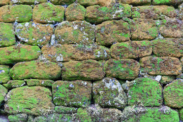 Old stone wall overgrown with moss