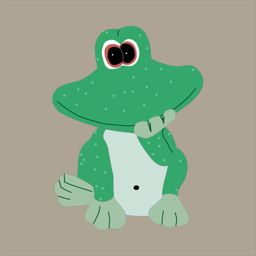 Vector illustration of a green smiling frog on a gray background