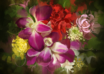 Fototapeta premium mixed colorful flower bouquet,illustration,digital painting