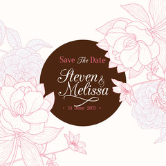Naklejka premium Vector Vintage Chocolate Brown Pink Round Frame Floral Drawing Wedding Invitation Card With Stylish Flowers and Text In Classic Retro Design.