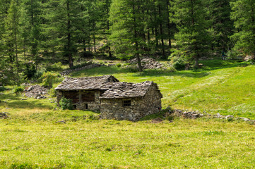 Panorama di montagna, casolare montano, vecchie case su sentiero di montagna, baite in montagna,...