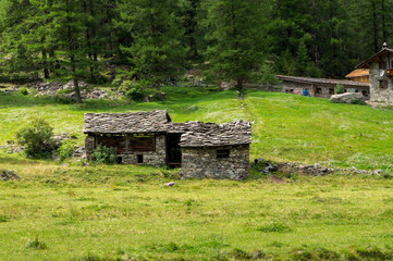 Panorama di montagna, casolare montano, vecchie case su sentiero di montagna, baite in montagna, cime montane, alpi italiane