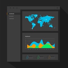 Infographic dashboard template with flat design graphs and charts. Processing and analysis of data. World map and mark on it