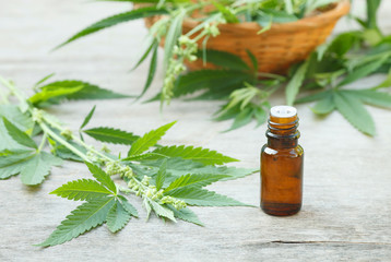 cannabis essential oil container with cannabis leaves 