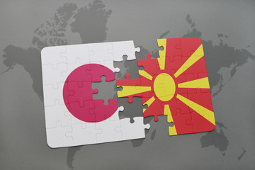 puzzle with the national flag of japan and macedonia on a world map background.