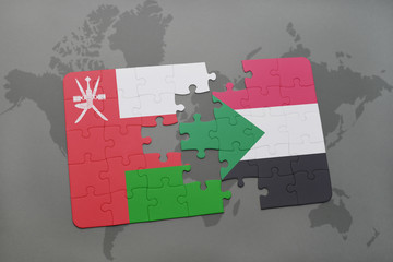 puzzle with the national flag of oman and sudan on a world map background.