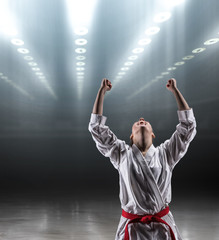 Sexy girl in a kimono karate rejoices victory